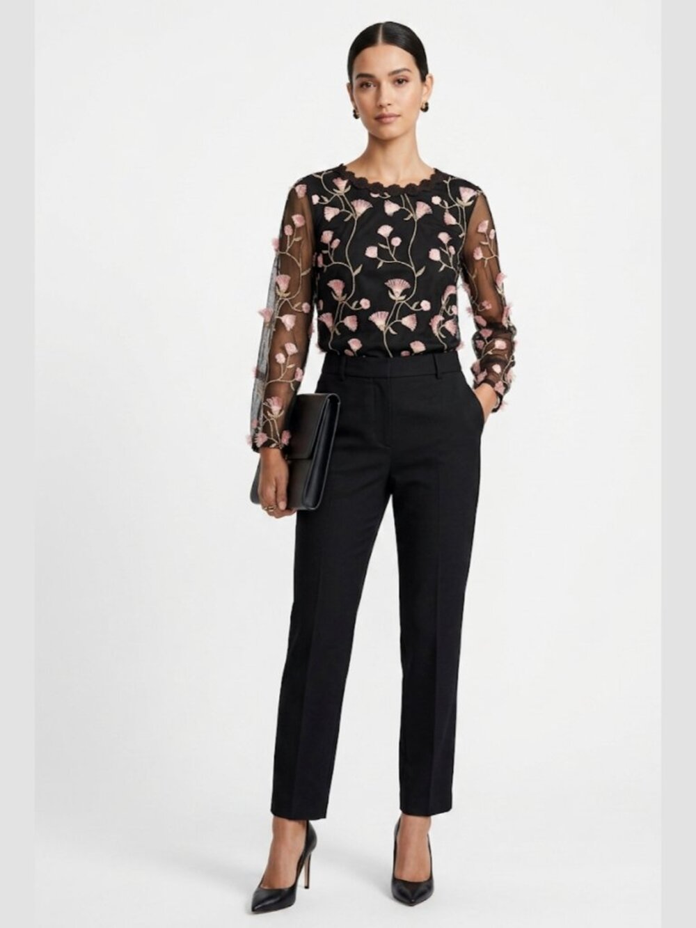 ADIVA Embroidered Pink Floral Mesh Sleeve Top Womens L Dark Feminine Whimsigoth
